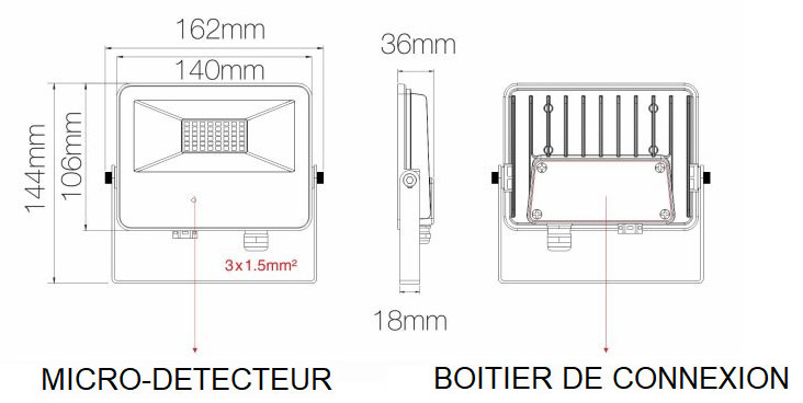 Dimensions projecteur avec détecteur 30W BENEITO