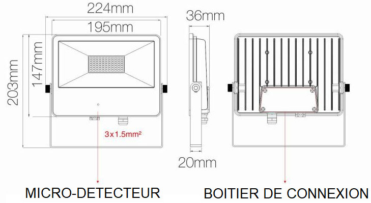 Dimensions projecteur avec détecteur 10W BENEITO